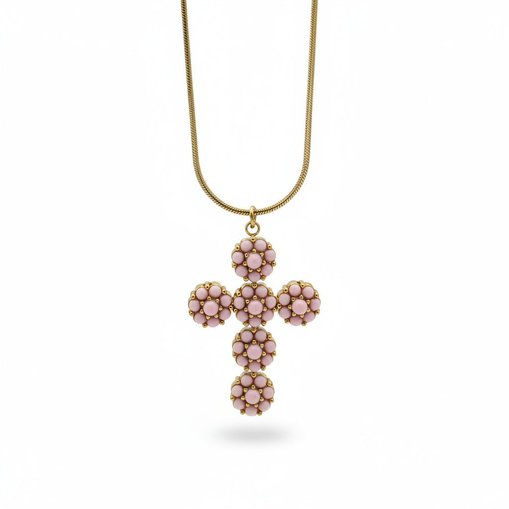 Collana Gold con Croce e Pietre Rosa Gaiè Bijoux