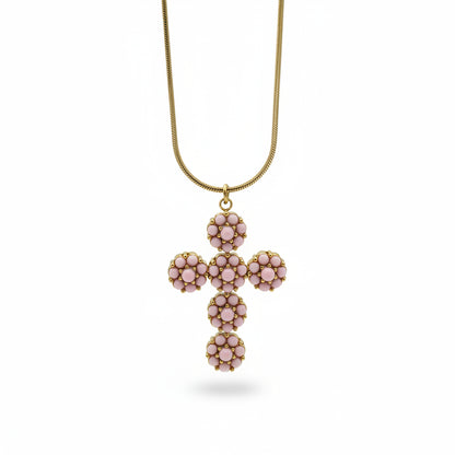 Collana Gold con Croce e Pietre Rosa Gaiè Bijoux