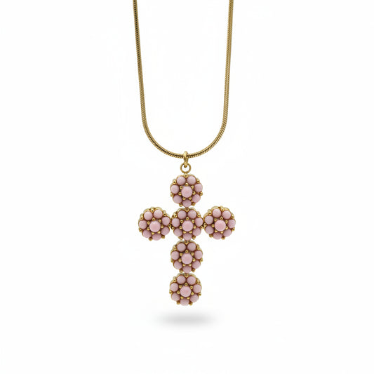 Collana Gold con Croce e Pietre Rosa Gaiè Bijoux