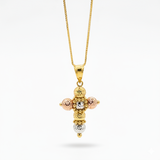 Collana "Trilologia Sacra" con Croce in Oro Tricolore 18 Carati Gioielli in Oro
