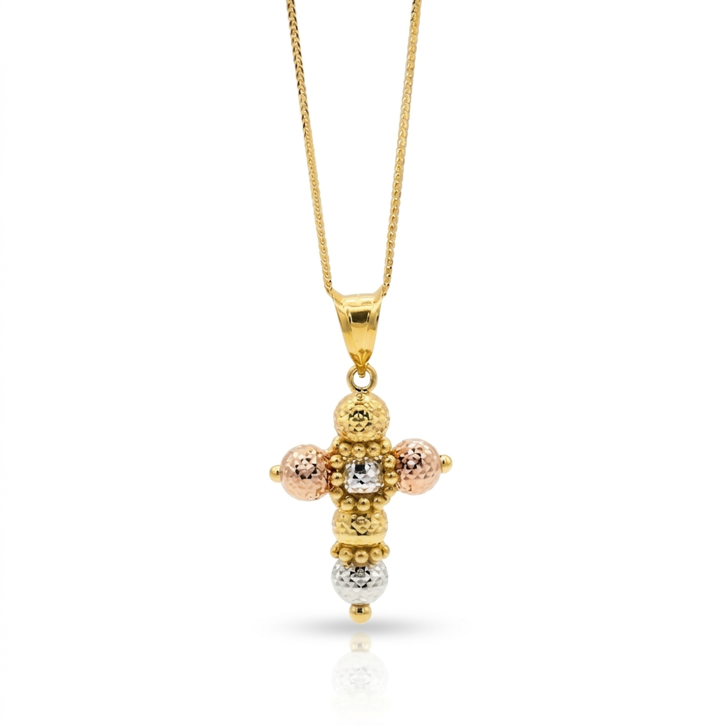 Collana "Trilologia Sacra" con Croce in Oro Tricolore 18 Carati Gioielli in Oro