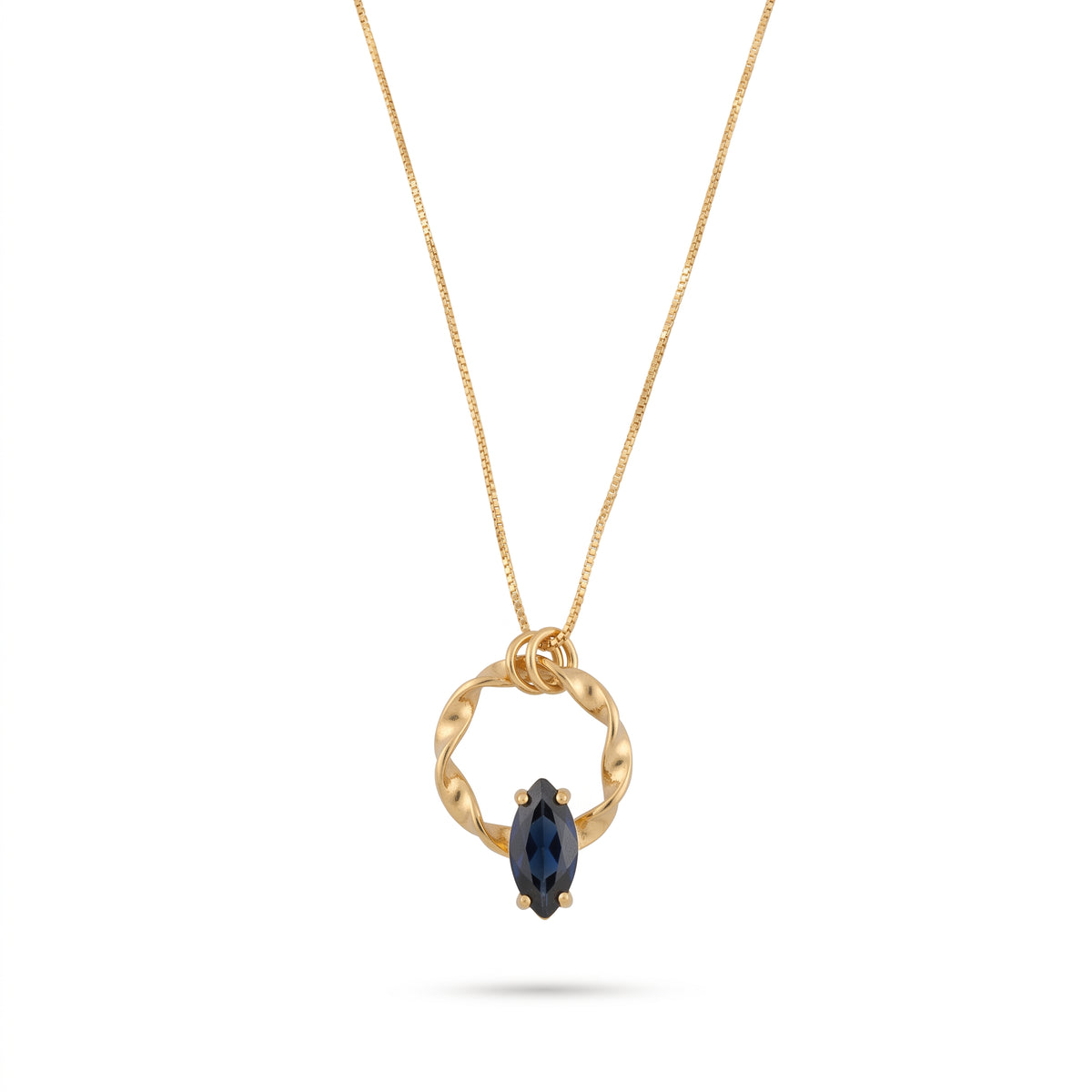 Collana in Argento 925 Dorato con Pendente a Cerchio Torchon e Pietra Blu