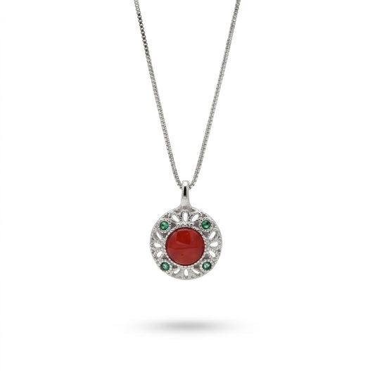 Collana in Argento 925 con Pendente a Rosone, Corallo e Pietre Verdi