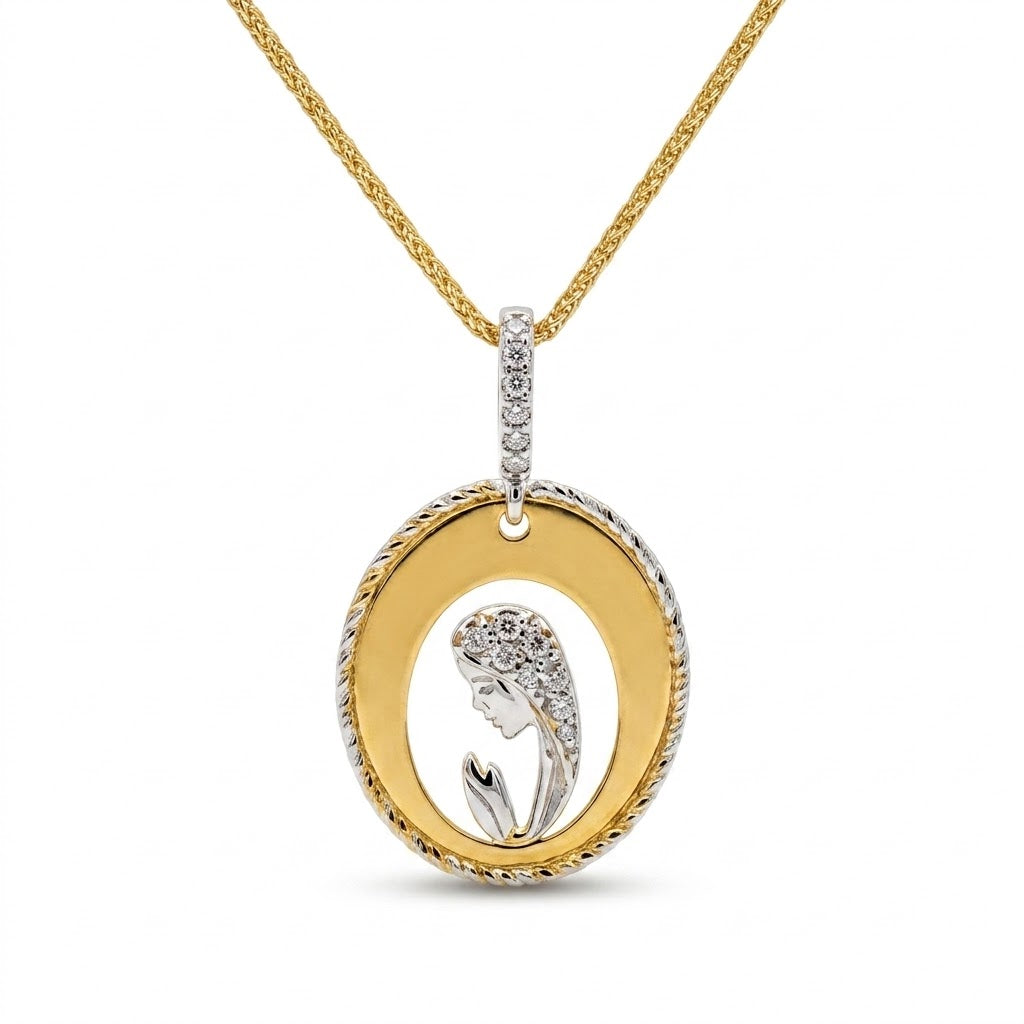 Collana in Oro Bicolore 18 Carati con Pendente Madonnina e Pavé Luminoso