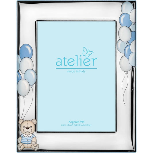 Cornice Portafoto Bimbo "Palloncini e Orsetto" in Argento Laminato (9x13 cm) - Atelier Atelier Argenti