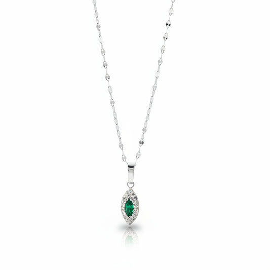 Collana Punto Luce in Oro Bianco e Gemma Verde con Zirconi Gioielli in Oro