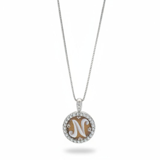 Collana In Argento Con Lettera N in Cammeo Cammei e Corallo