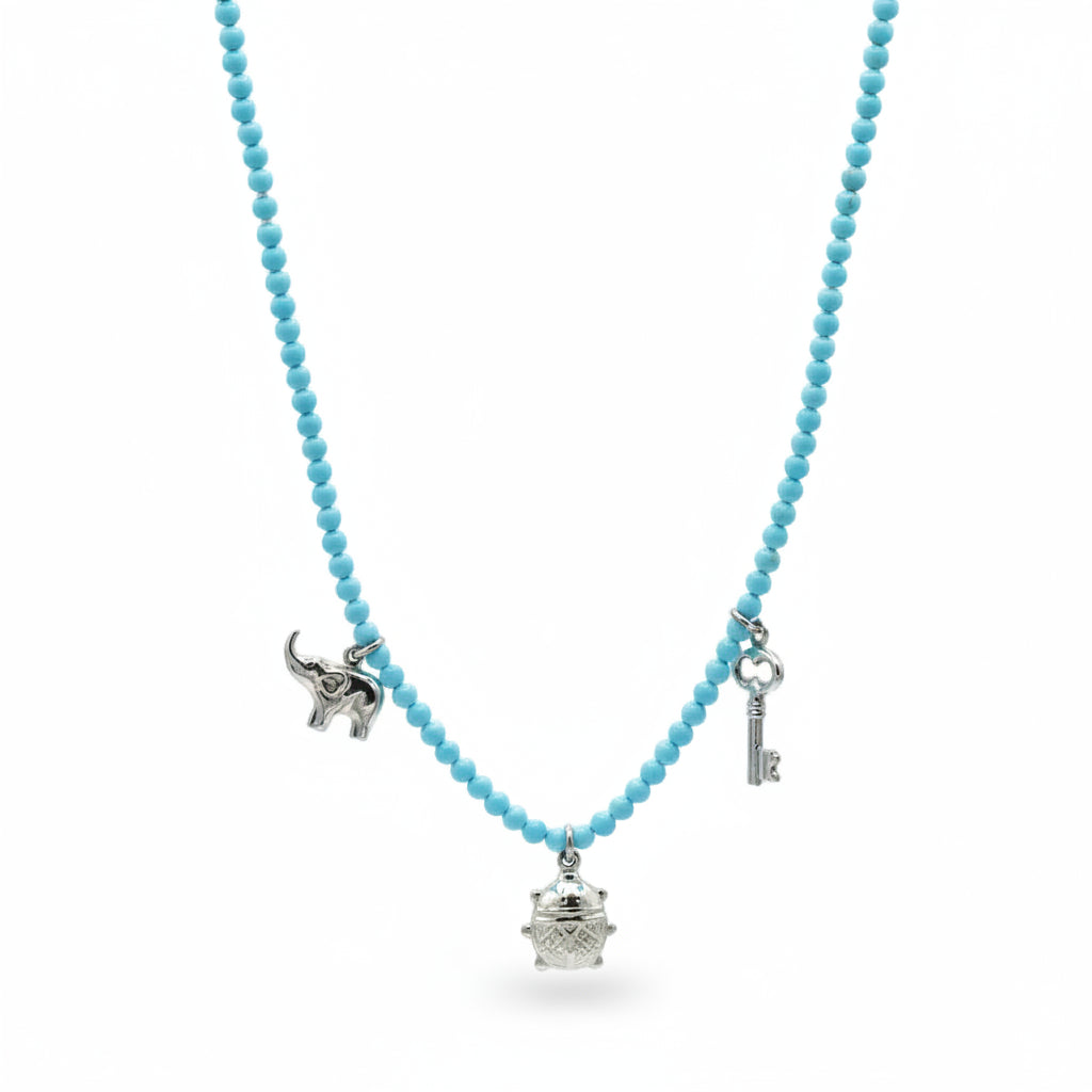 Collana in Sfere di Turchese con Pendenti Portafortuna in Argento 925