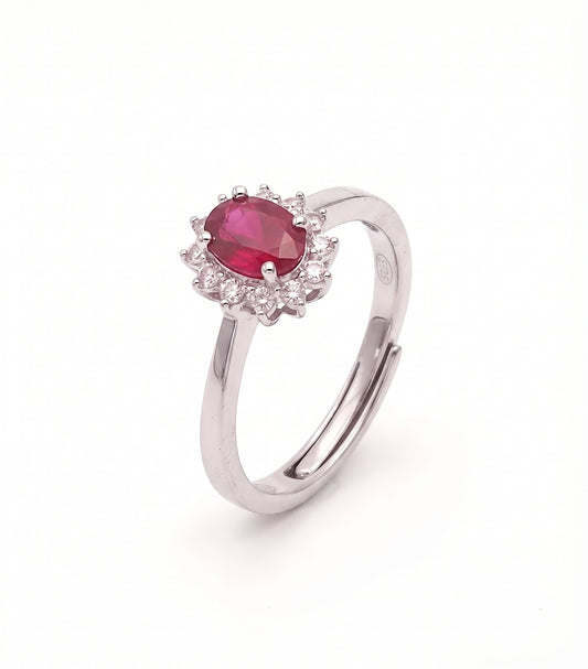 Anello Modello Kate in Argento 925 Placcato Oro Bianco con Pietra Rossa e Zirconi