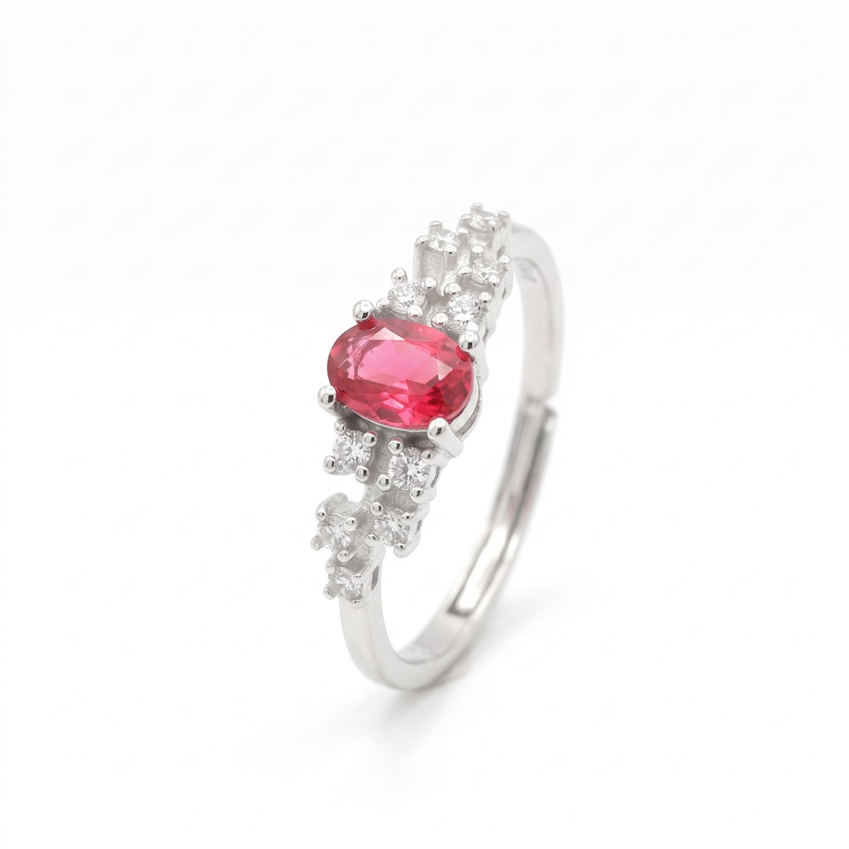 Anello con Pietra Ovale Rossa e Zirconi in Argento 925 Placcato Oro Bianco