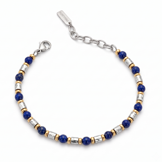 Bracciale Uomo Geometrico a Sfere Blu e Inserti Martellati Fortynine