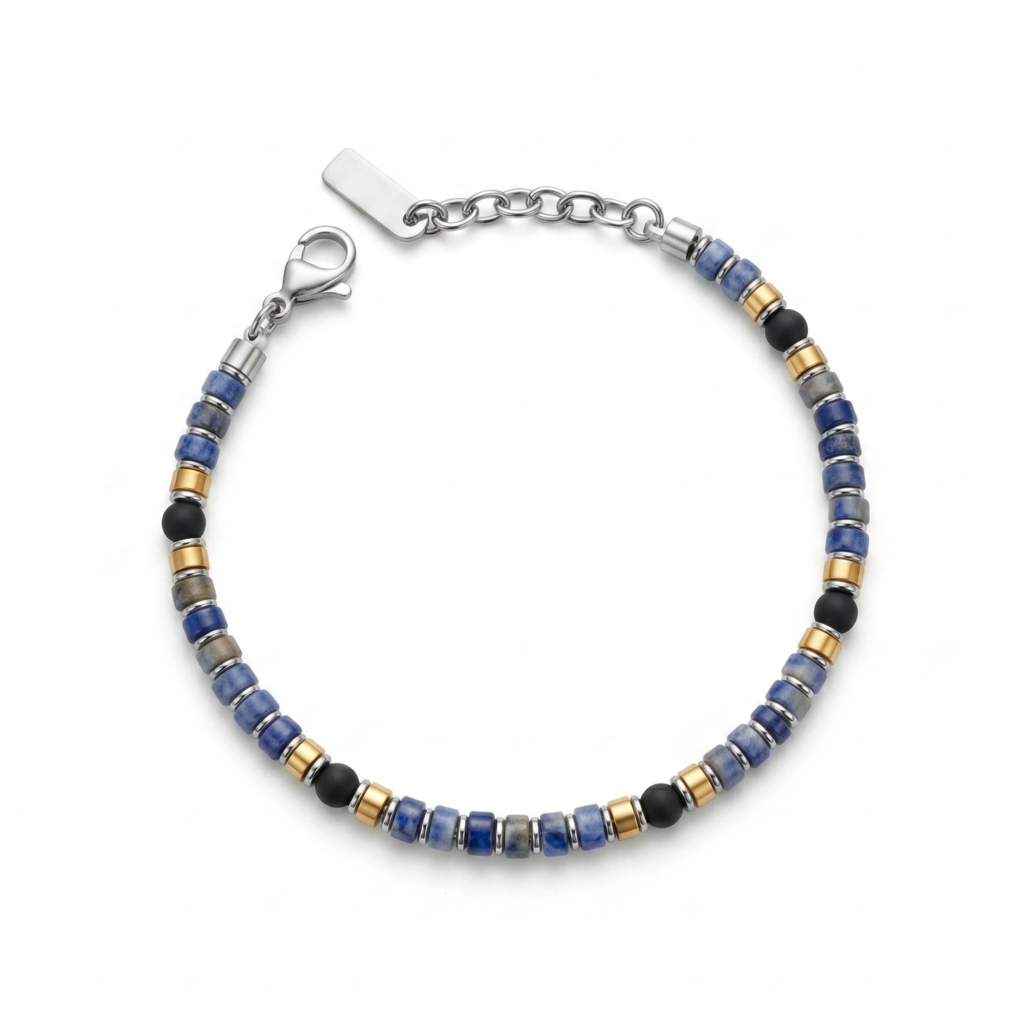 Bracciale da Uomo in Sodalite Blu, Elementi Dorati e Acciaio Inossidabile