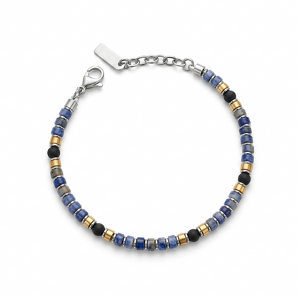 Bracciale da Uomo in Sodalite Blu, Elementi Dorati e Acciaio Inossidabile