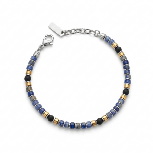 Bracciale da Uomo in Sodalite Blu, Elementi Dorati e Acciaio Inossidabile