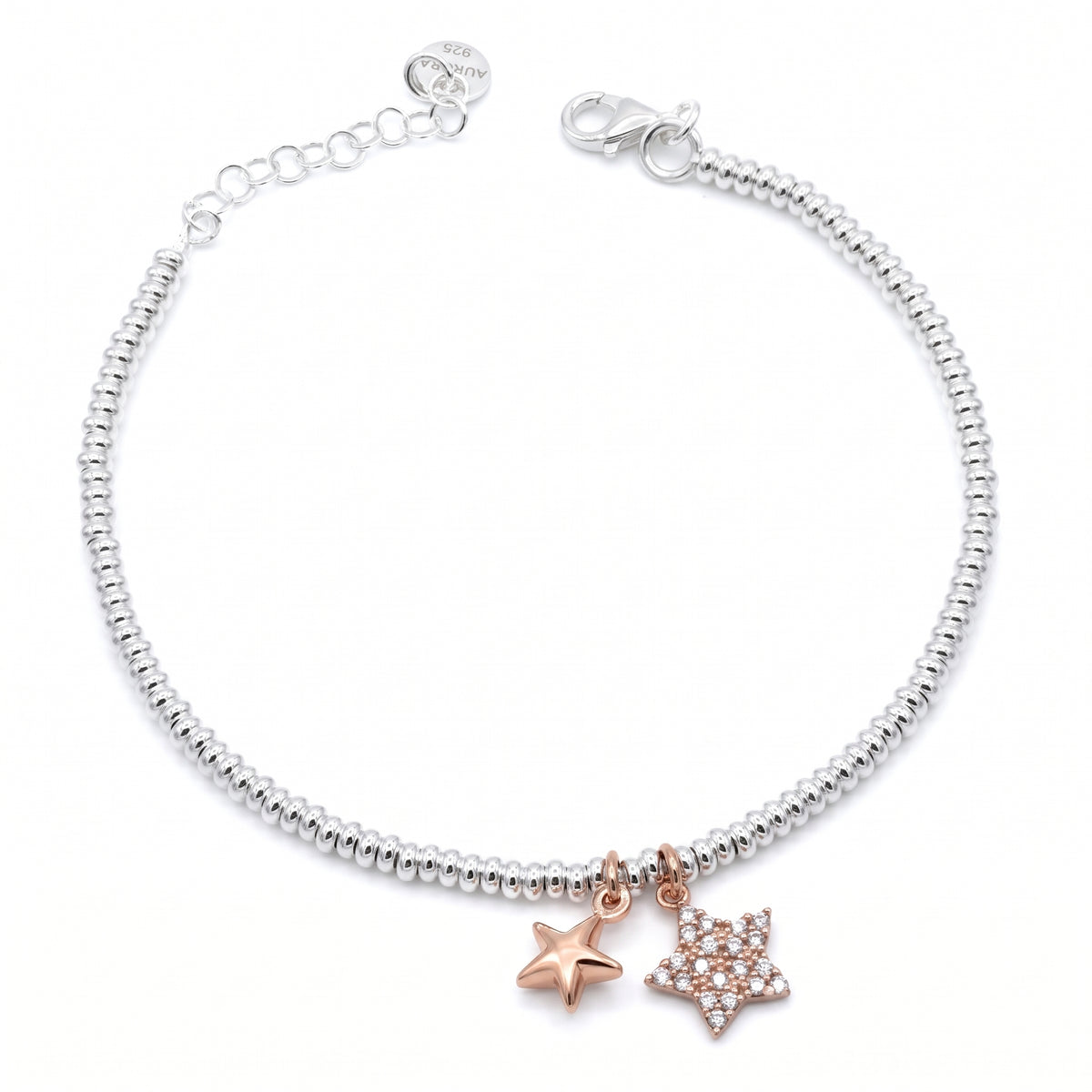 Bracciale in Argento 925 Rodiato con Anellini e Ciondoli Stelle Rosate e Zirconi