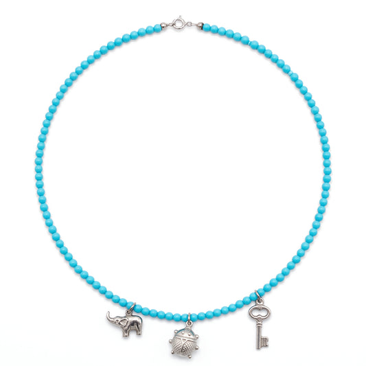 Collana in Sfere di Turchese con Pendenti Portafortuna in Argento 925 Cammei e Corallo