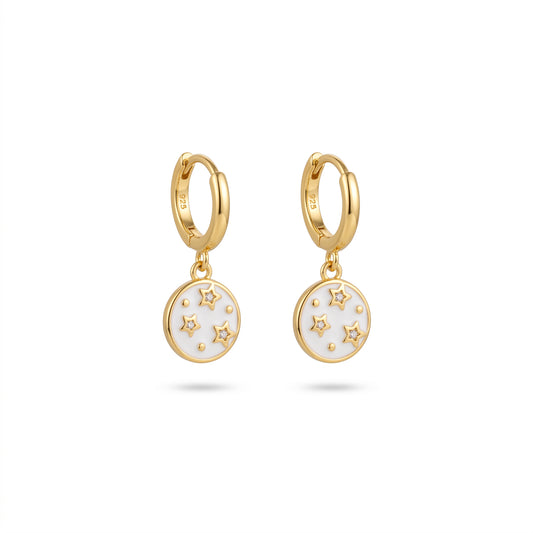Orecchini Bimba a Cerchio in Argento 925 Dorato con Stelle e Smalto Bianco