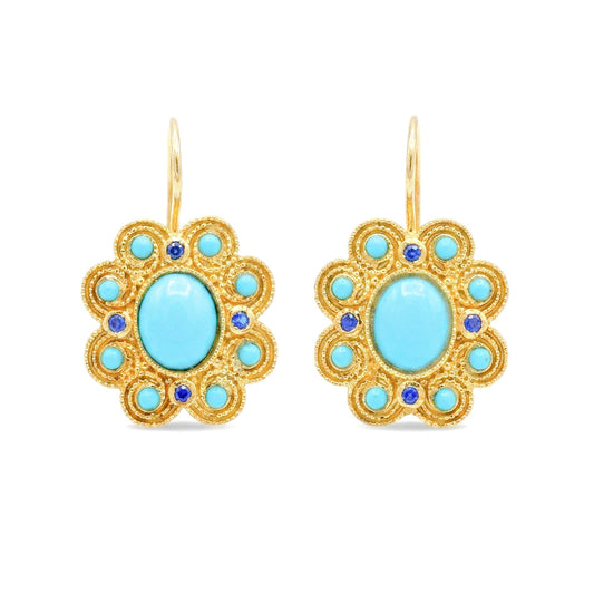 Orecchini a Rosetta in Argento 925 Placcato Oro con Turchese e Pietre Blu Gioielli in Argento
