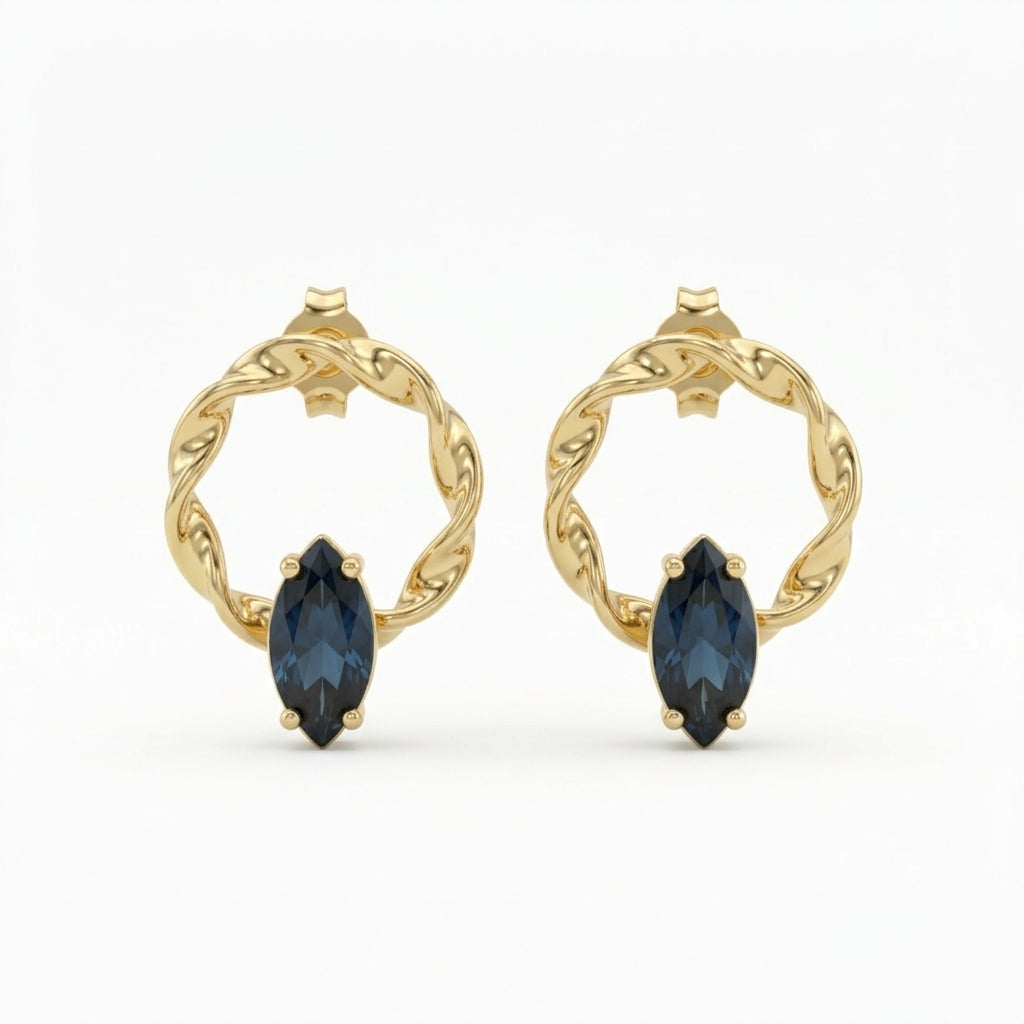 Orecchini a Cerchio Torchon in Argento 925 Dorati con Pietra Blu