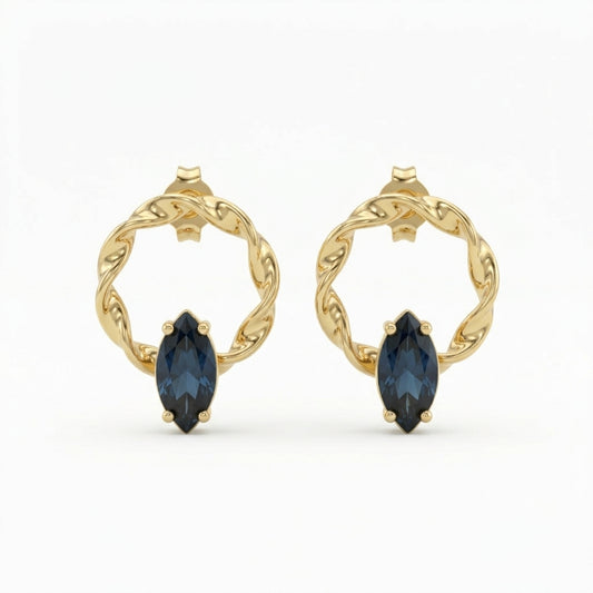 Orecchini a Cerchio Torchon in Argento 925 Dorati con Pietra Blu