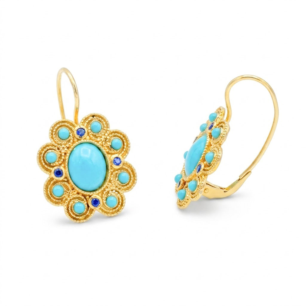 Orecchini a Rosetta in Argento 925 Placcato Oro con Turchese e Pietre Blu