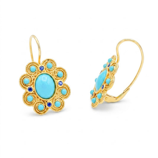 Orecchini a Rosetta in Argento 925 Placcato Oro con Turchese e Pietre Blu Gioielli in Argento