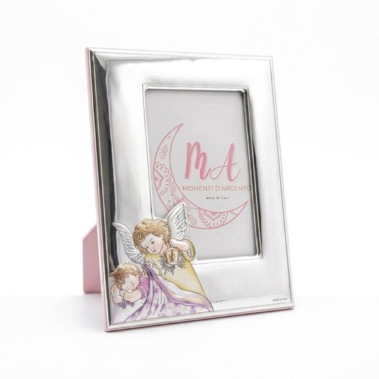 Portafoto Cornice 7x10 cm Momenti d'Argento Angelo Custode con Lanterna e Bimbo Rosa Momenti D'Argento