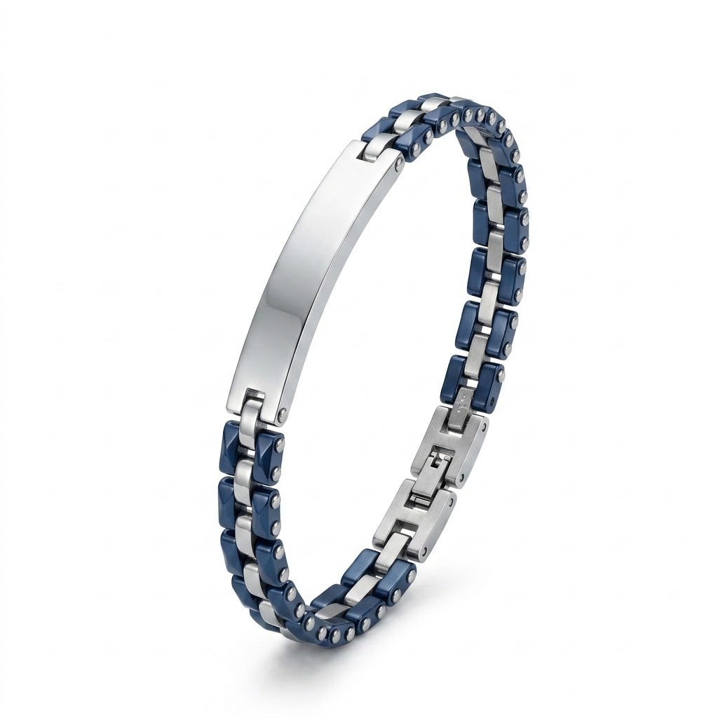 Titolo ProdottoBracciale Uomo Fortynine in Acciaio Silver e Blu con Targhetta Personalizzabile
