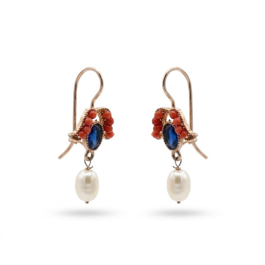 Orecchini Vintage Pendenti in Argento Placcato Oro Rosa con Pietra Blu, Corallo e Perla Naturale Cammei e Corallo