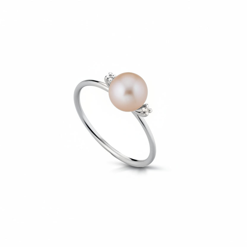 Kioto Anello in Oro Bianco Perla Rosa e Diamanti