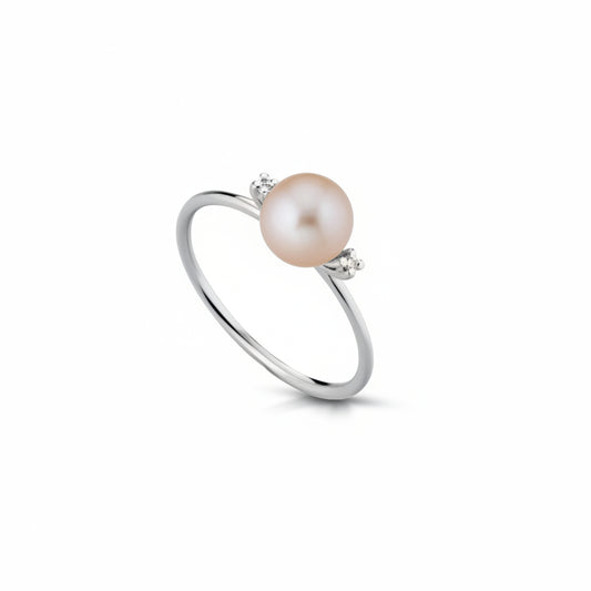 Kioto Anello in Oro Bianco Perla Rosa e Diamanti