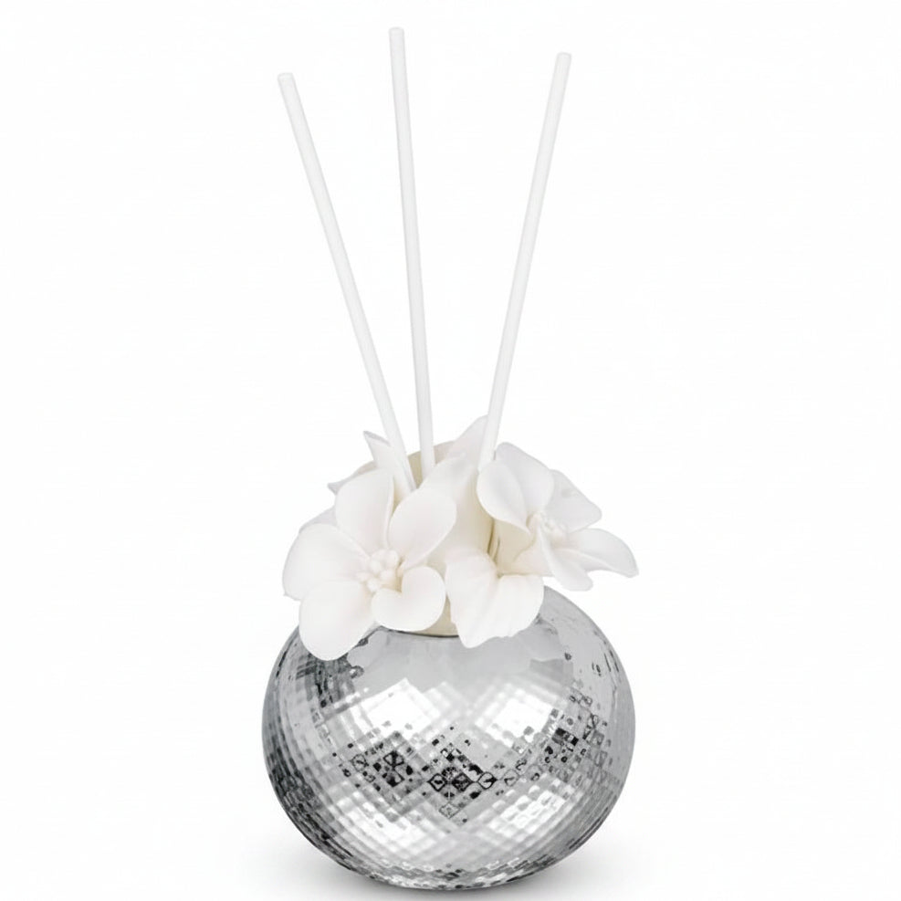 Profumatore a Sfera Argentato "Effetto Diamante" con Fiori Bianchi Beltrami