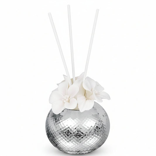 Profumatore a Sfera Argentato "Effetto Diamante" con Fiori Bianchi