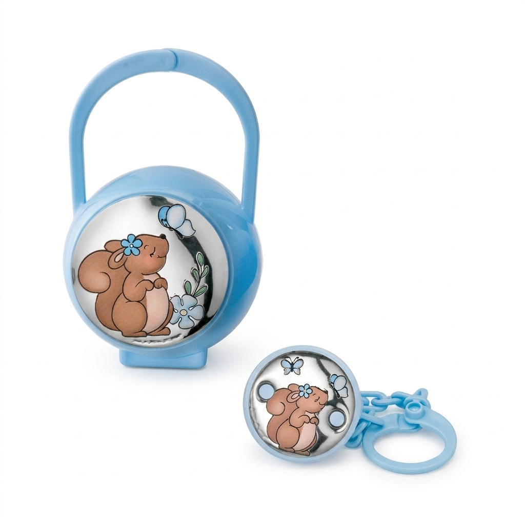 Set Pinza e Scatola Porta Ciuccio Scoiattoli Celeste Atelier Argenti