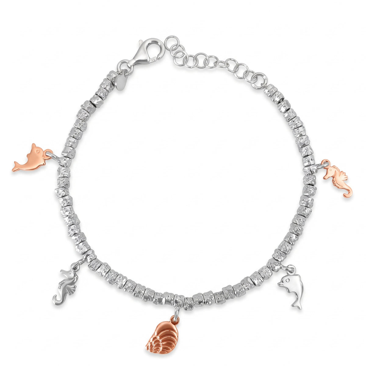 Bracciale in Argento 925 Bicolore con Pepite Puntinate e Charms Marini