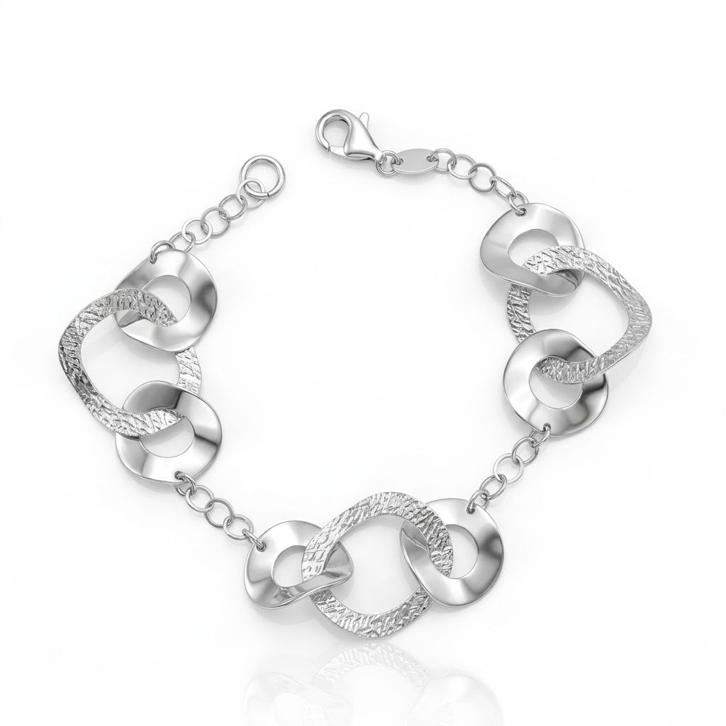 Bracciale in Argento 925 a Catena con Maglie Ondulate Lucide e Diamantate