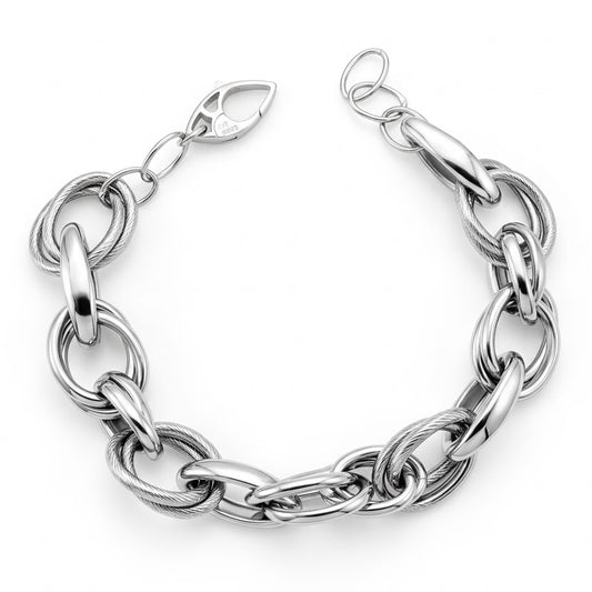 Bracciale in Argento 925 Rodiato a Catena con Maglie Intrecciate Lucide e Godronate