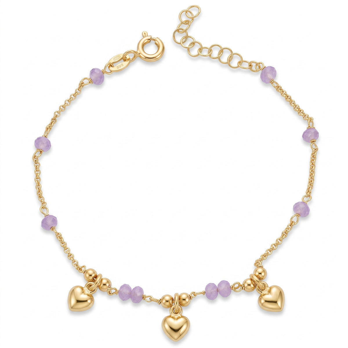 Bracciale Armonia di Cuori in Argento 925 Placcato Oro Giallo con Ametista Idrotermale e Charms Bombati