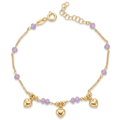 Bracciale Armonia di Cuori in Argento 925 Placcato Oro Giallo con Ametista Idrotermale e Charms Bombati