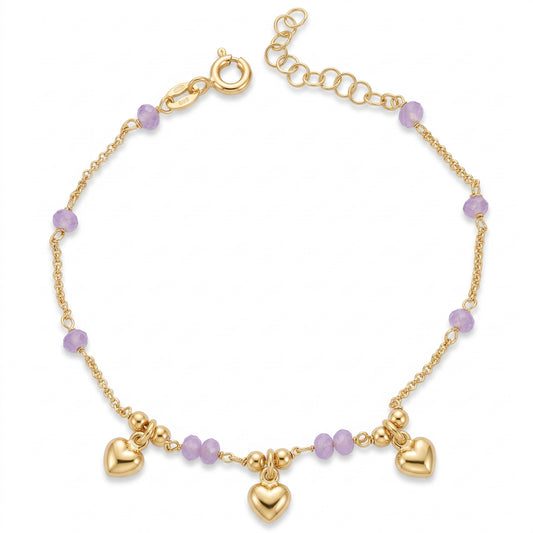 Bracciale Armonia di Cuori in Argento 925 Placcato Oro Giallo con Ametista Idrotermale e Charms Bombati Gioielli in Argento