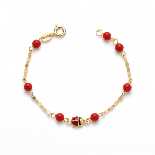 Bracciale Bimba in Oro Giallo 18kt con Coccinella Smaltata e Corallini Rossi 14 cm Gioielli in Oro