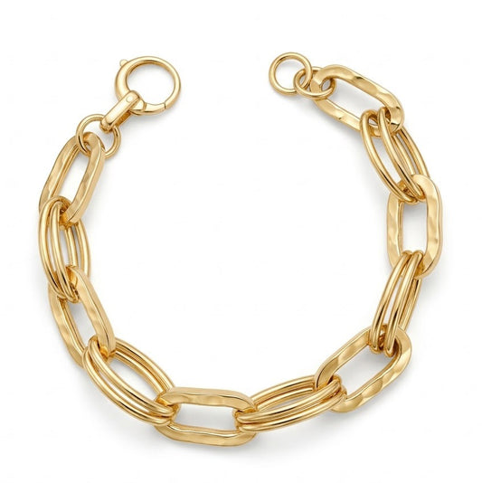 Bracciale in Argento 925 Dorato a Catena con Maglie Ovali Lucide e Martellate
