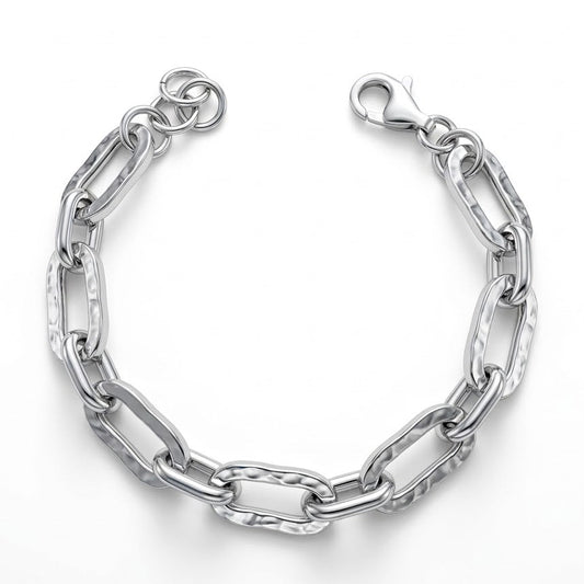 Bracciale in Argento 925 Rodiato a Catena con Maglie Ovali Lucide e Martellate