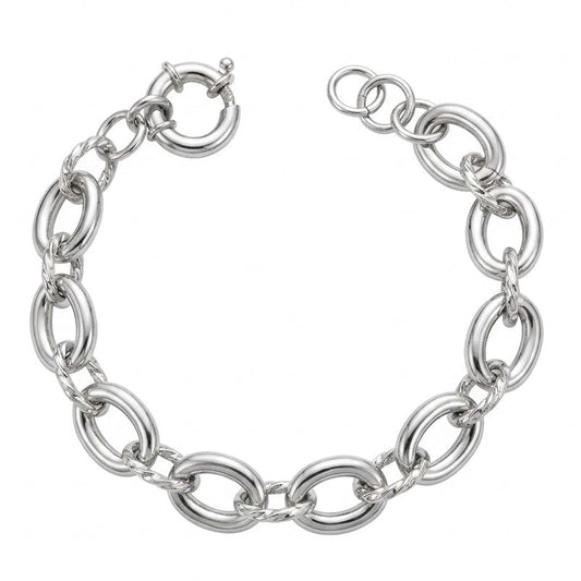 Bracciale in Argento 925 Rodiato a Catena con Maglie Ovali Lucide e Torchon