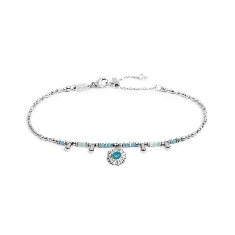 Bracciale Catena Chicco di Riso con Sole Pendente Azzurro in Acciaio Marlù