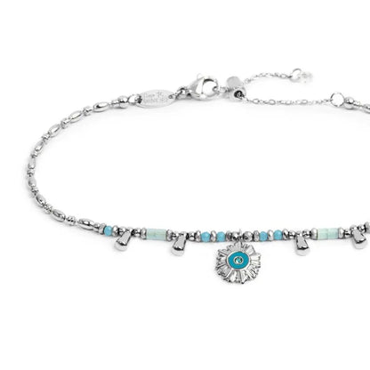 Bracciale Catena Chicco di Riso con Sole Pendente Azzurro in Acciaio Marlù