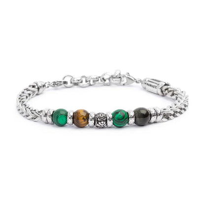 Bracciale Catena Fishbone con Malachite e Occhio di Tigre in Acciaio Marlù