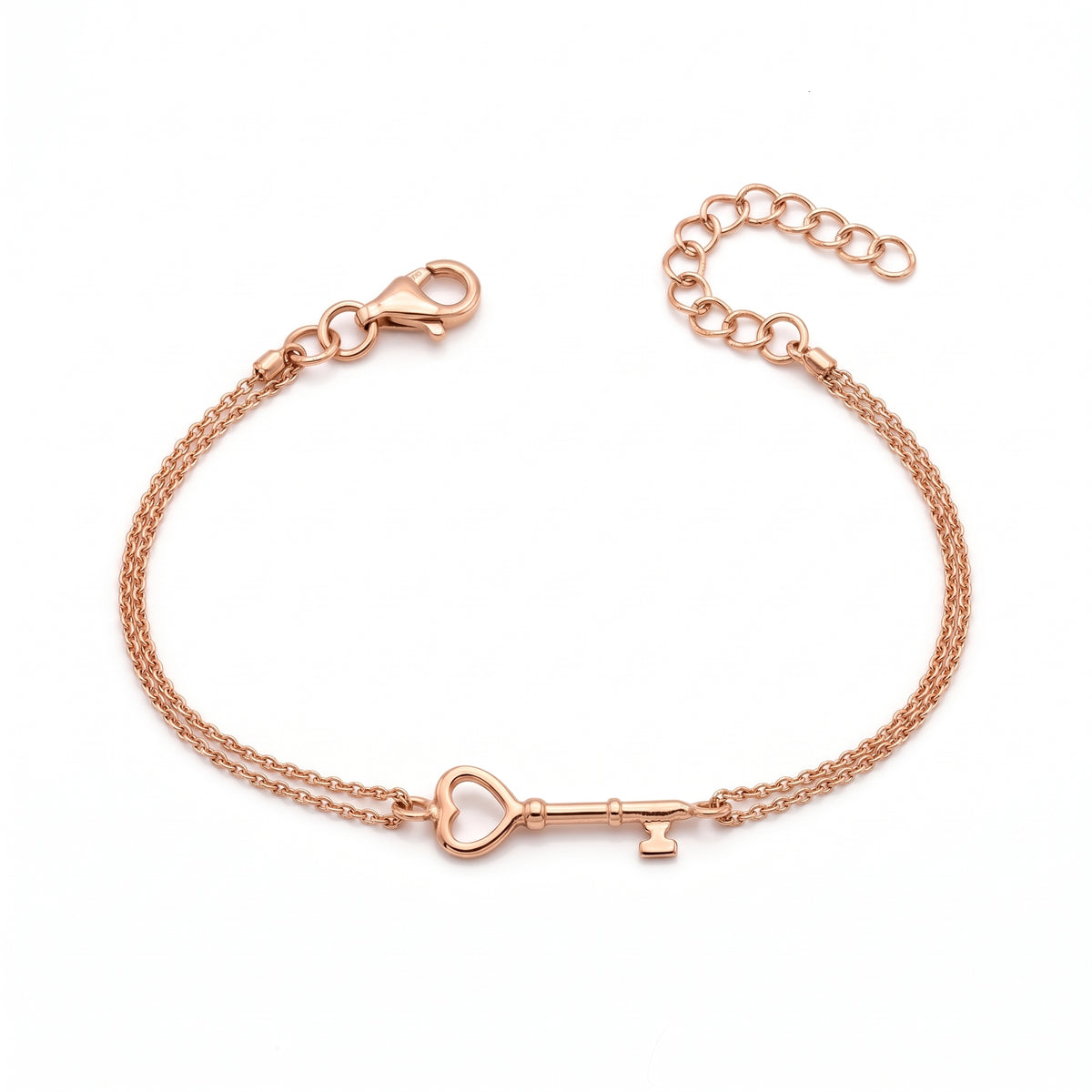Bracciale Chiave del Cuore in Argento 925 Placcato Oro Rosa a Doppio Filo