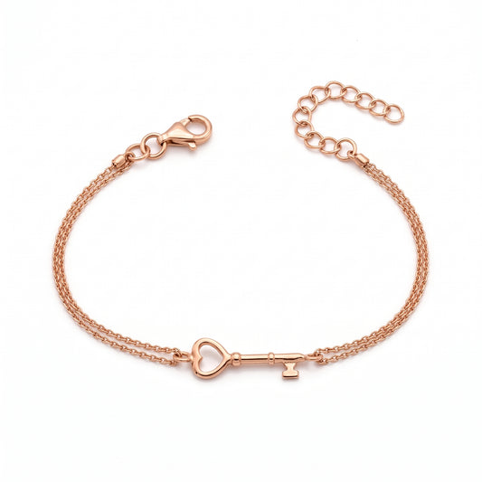Bracciale Chiave del Cuore in Argento 925 Placcato Oro Rosa a Doppio Filo Gioielli in Argento