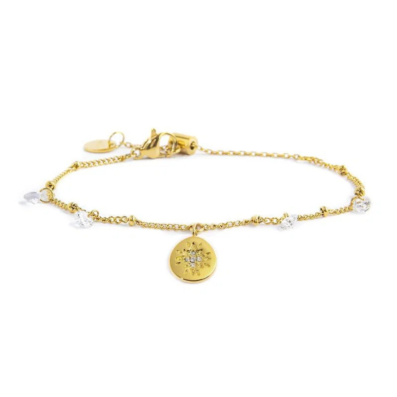 Bracciale con Medaglietta Rosa dei Venti e Cristalli Bianchi in Acciaio Oro Marlù